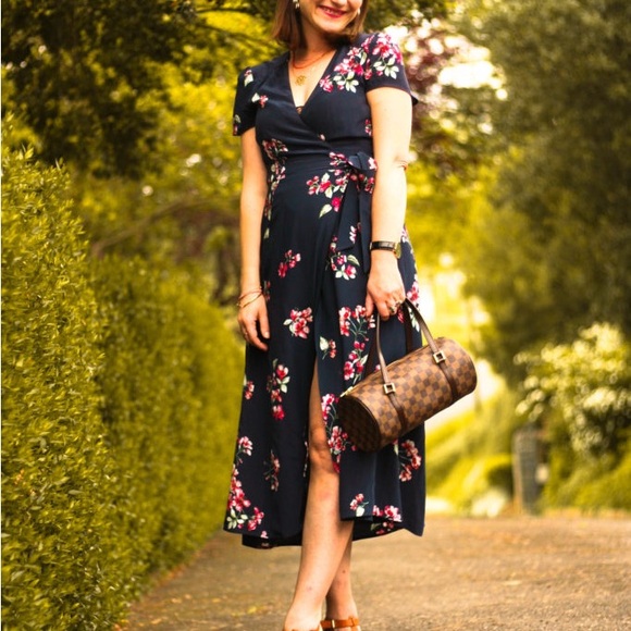 SEZANE Navy Blue Floral Wrap Midi Dress - Picture 4 of 15